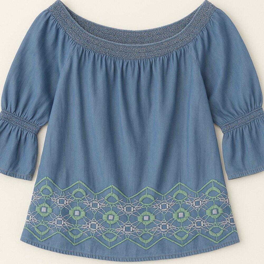 Crown Ivy Top Womens XXL Chambray Off the Shoulder 3/4 Sleeve Embroidered BOHO